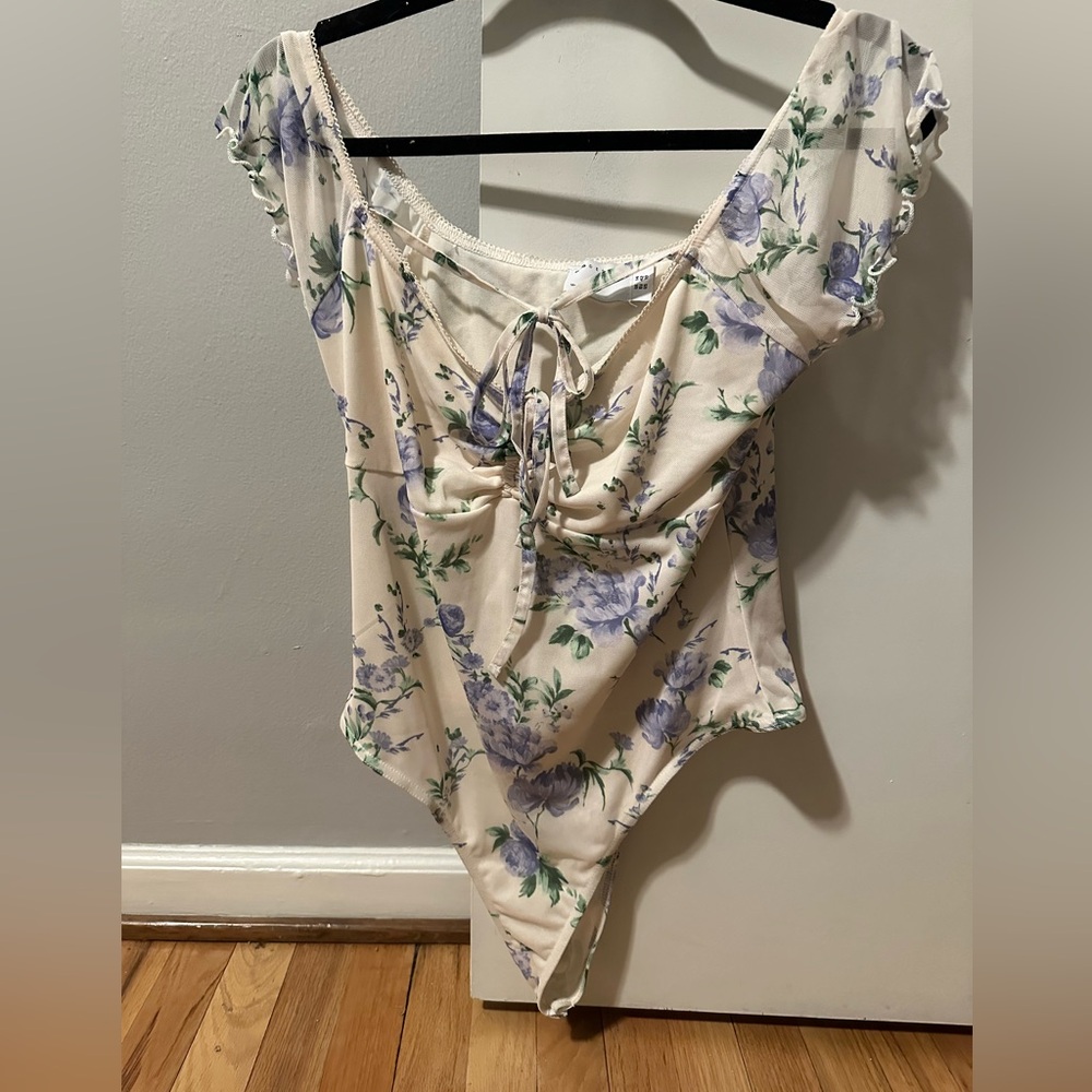 Cream & floral ASOS off the shoulder shirt with sheer sleeves